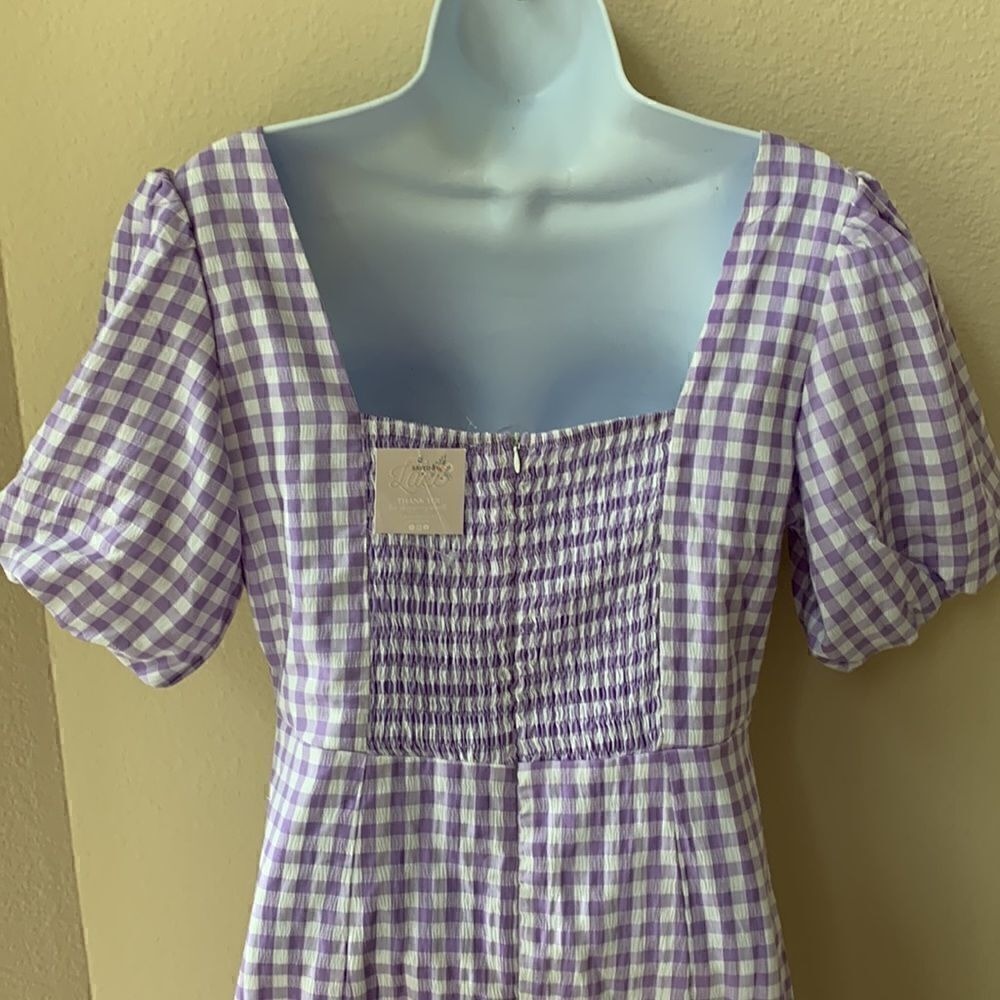 NWT Gingham Mini Lined Dress‎ Purple Puff Sleeves ruffle small Cottagecore - Picture 5 of 9